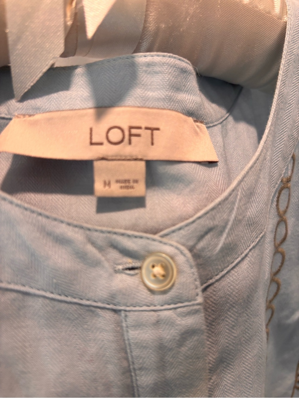 LOFT Light Blue Embroidered Babydoll Button Up Ruffle-Sleeve Women's Top - Picture 7 of 7